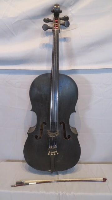 Wood Engelhardt Cello with case: Wood Cello with paper label marked Engelhardt, accompanied by carrying case, painted black, 44"t. overall length with neck, main body of cello is 27" x 15 3/4"w. x 4 1/2"d.