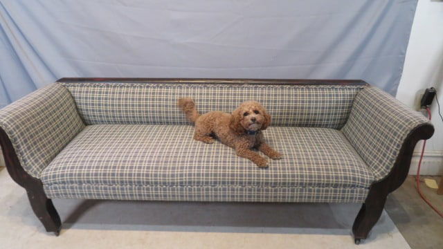 Mid 19th century country sofa: Mid 19th century country sofa with blue checked upholstery, 25" x 75" x 25"d
