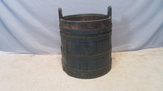 Painted wood large keeler: Large wood keeler with metal bands and handles in worn black painted surface, 24" t. to top of handles x 20" dia.