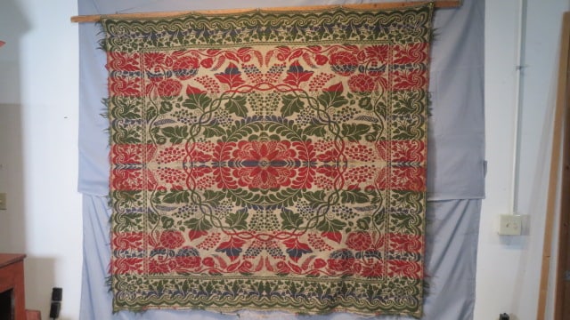 Early 4-color coverlet: Early 4-color coverlet, vining grape pattern, 78"L x 74"W