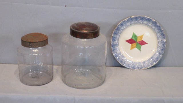 2 blown glass storage jars & a blue spatterware plate (1 of 9)