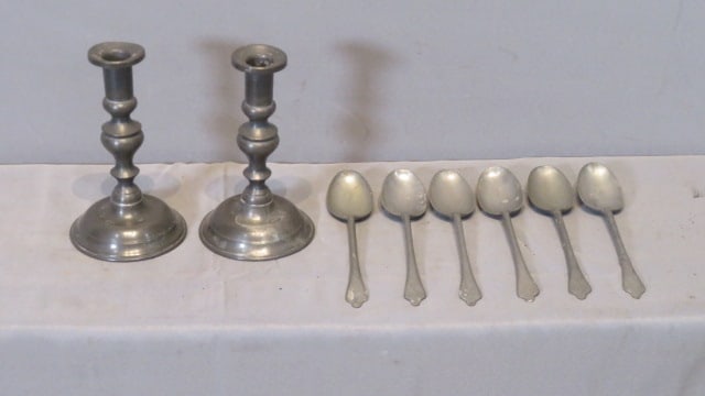 Pewter spoons and candlesticks (1 of 5)