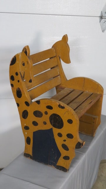 Giraffe child's seat: Folk art child's wood giraffe seat in old paint, 22"t. x 15 1/2" x 15"