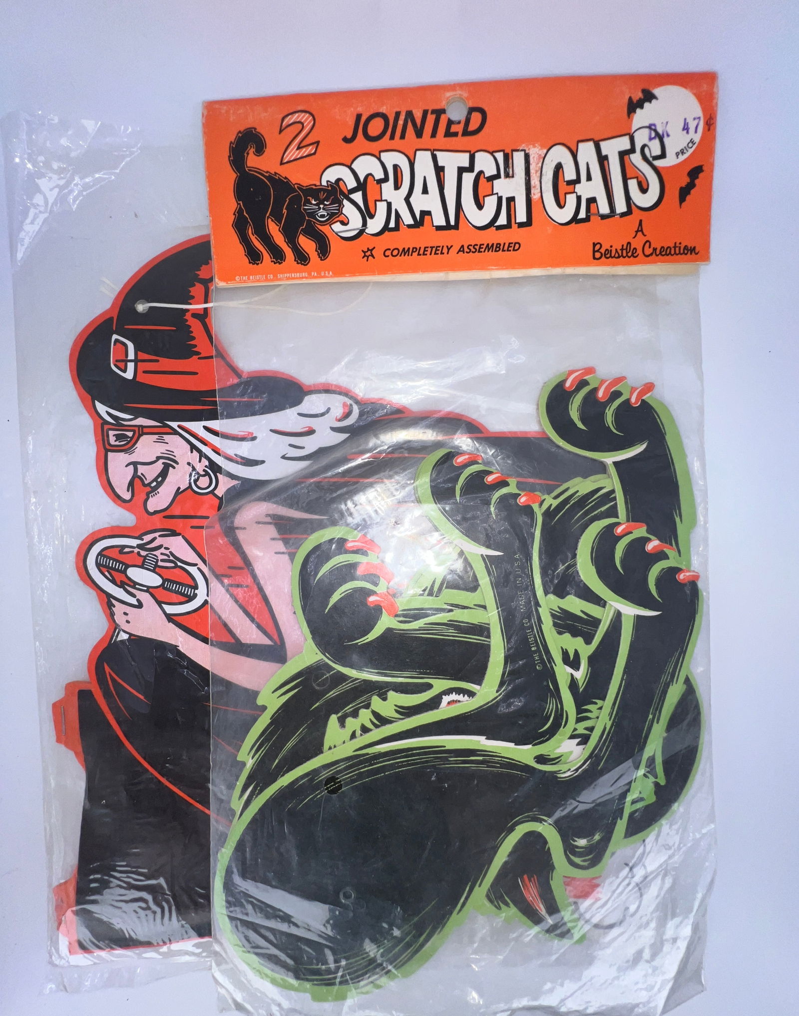 Die Cut Halloween Decorations: One Beistle unopened package of 2 jointed Scratch Cats & one opened unused Witch on Rocket made in Japan. 10"W x 14"T