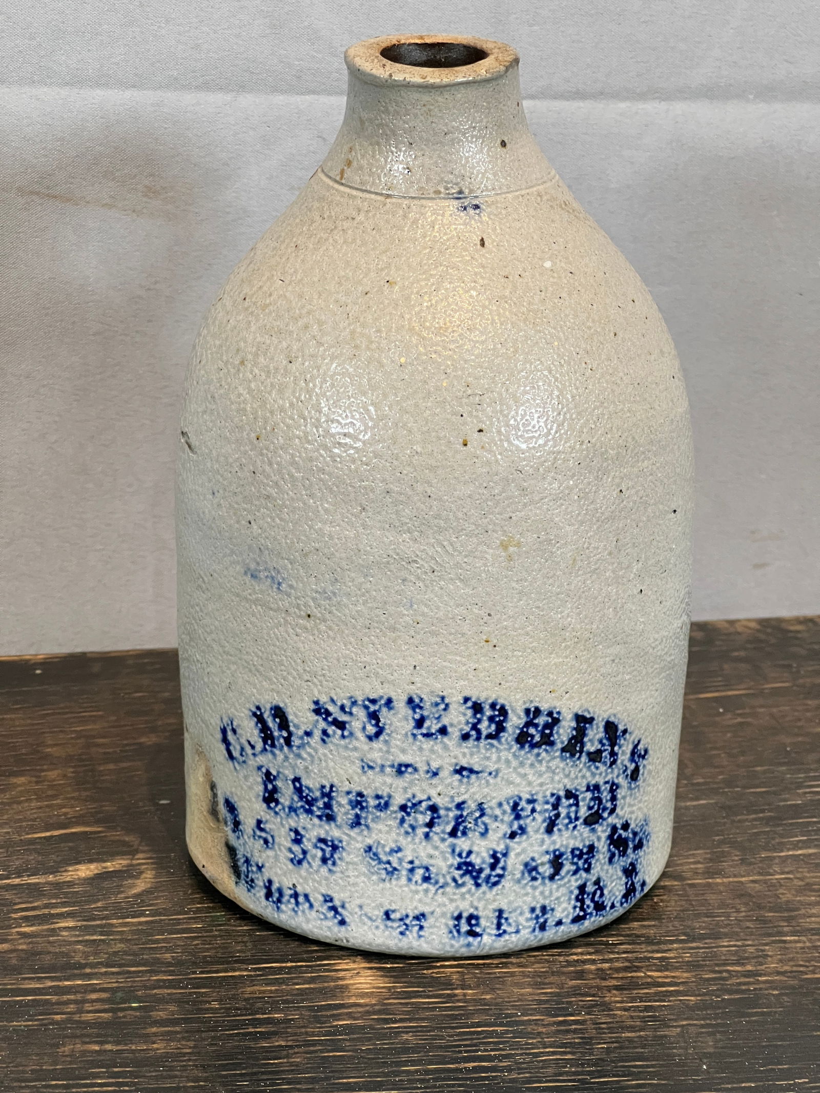 Advertising CH Stebbins Stoneware Jug: CH Stebbins Importer 15 & 17 So. Maiz St, RI 1/2 gallon salt glazed blue decorated crock 5W x 8"T Fine condition. From the Collection of Roselyn Potts.