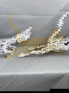 Folk Art Cat Birdhouse: Folk Art running cat birdhouse w/ hinged tail in old white paint on fiber body. 17"L x 5"D x