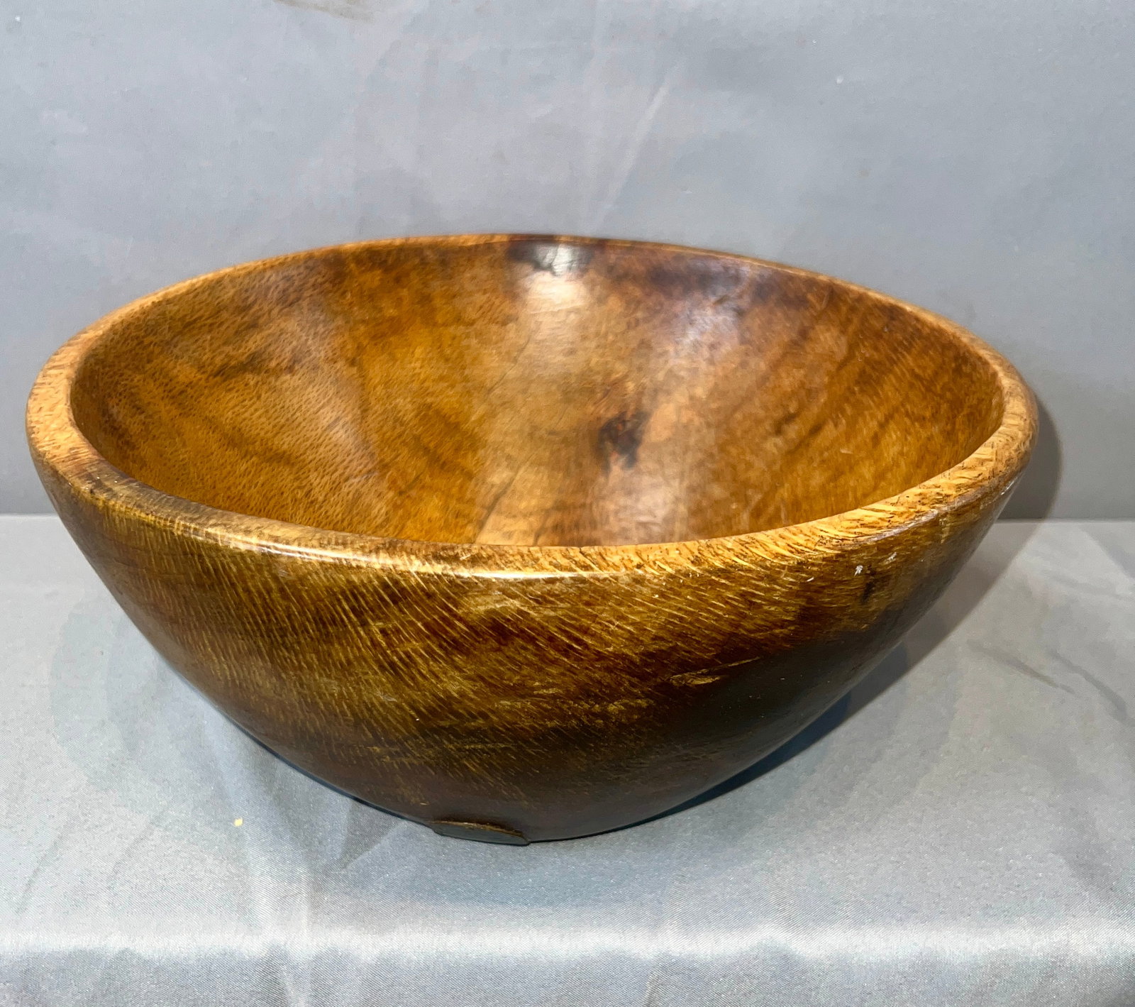 Deep Wooden Bowl w/ Old Tin Patch: Old deep wooden bowl w/nice finish & has tin or zinc nailed patch in base. 13"D x 6"T