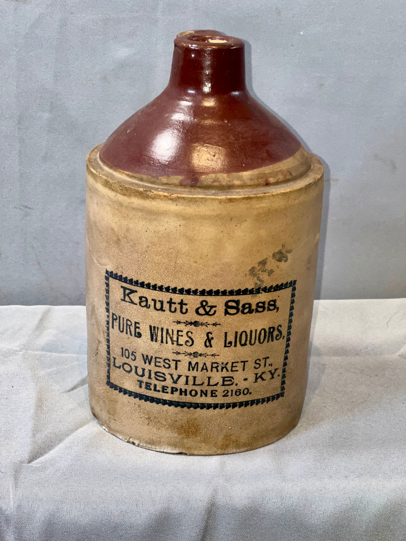 Kautt & Sass Stoneware Jug: Kautt & Sass Stoneware Pure Wines & Liquors, Louisville, KY two toned jug 6"D x 9"T