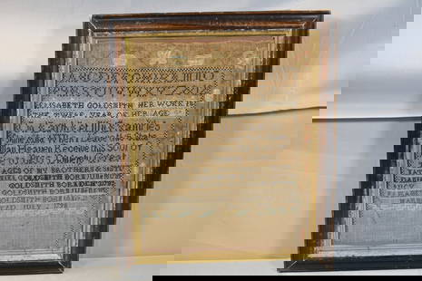 1798 Sampler: 1798 Sampler made July 2 by Elizabeth Goldsmith, 12 years of age. Signed Marblehead. Has detail of her family and floral