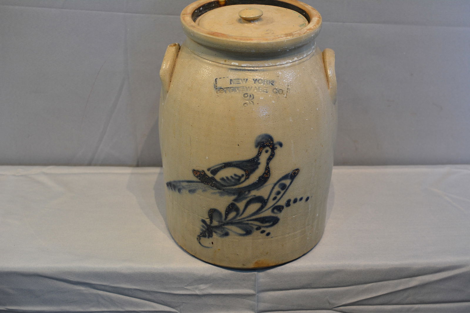 3 Gal. New York Stoneware Co. w/ Blue Decorated Bird (1 of 9)