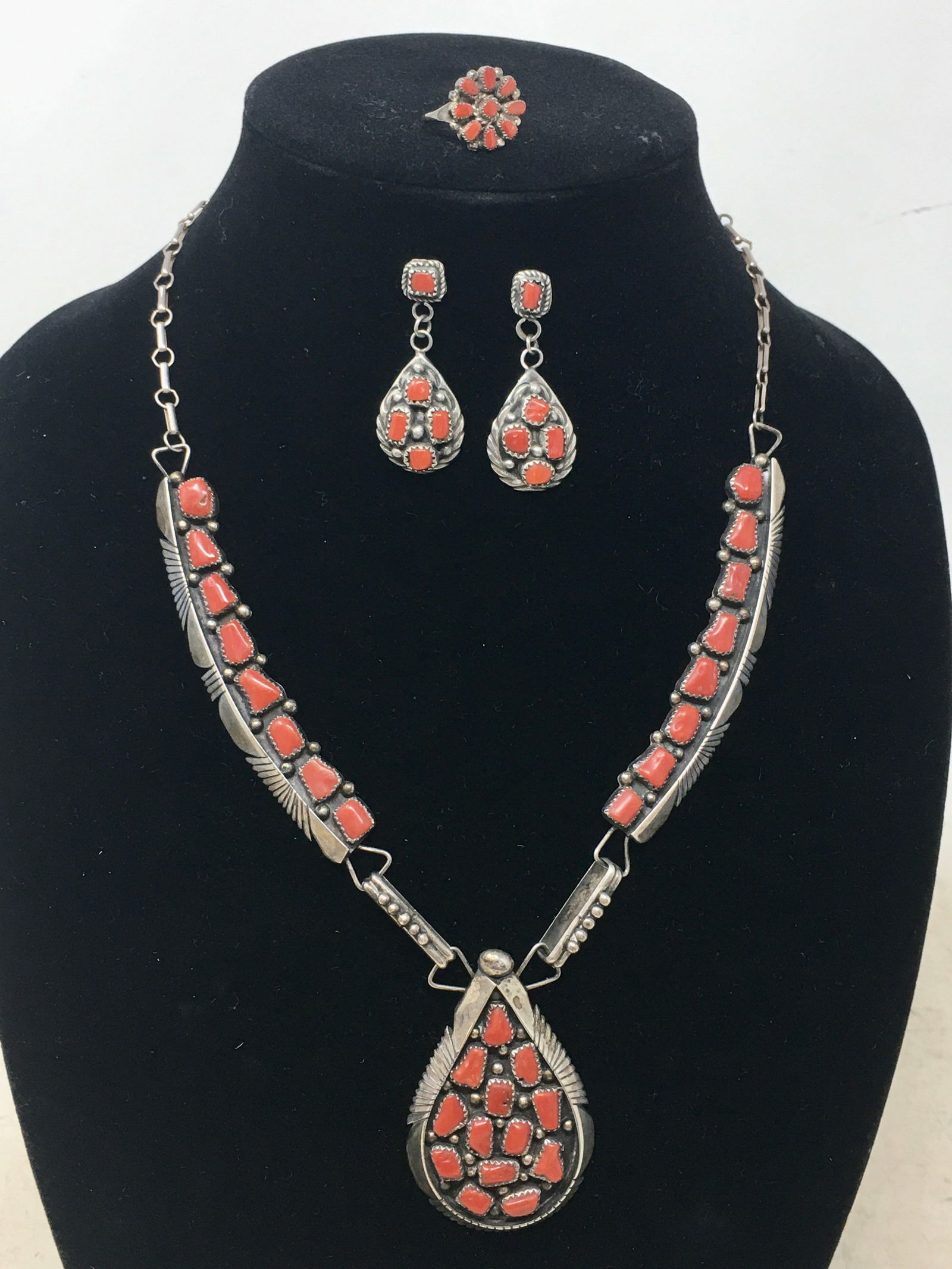 Navajo Sterling Necklace, Signed Carlos with Earrings and Ring (1 of 7)