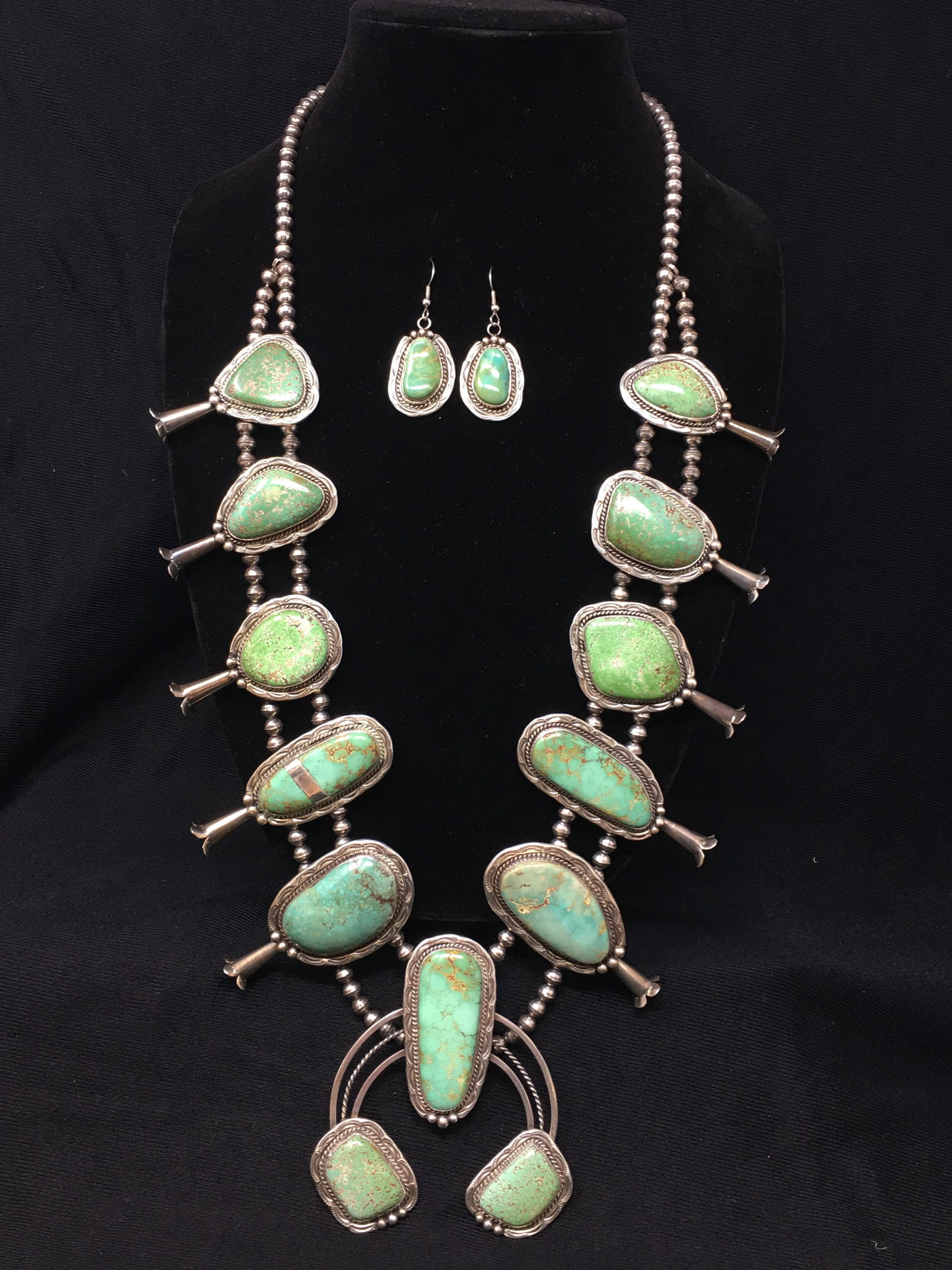 Navajo Sterling Turquoise Squash Blossom Necklace & Earrings, Marked CM (1 of 8)