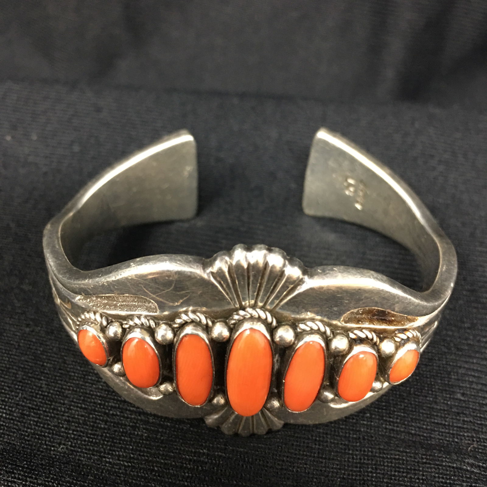 Navajo Sterling Coral Cuff Bracelet, Signed LC (1 of 5)