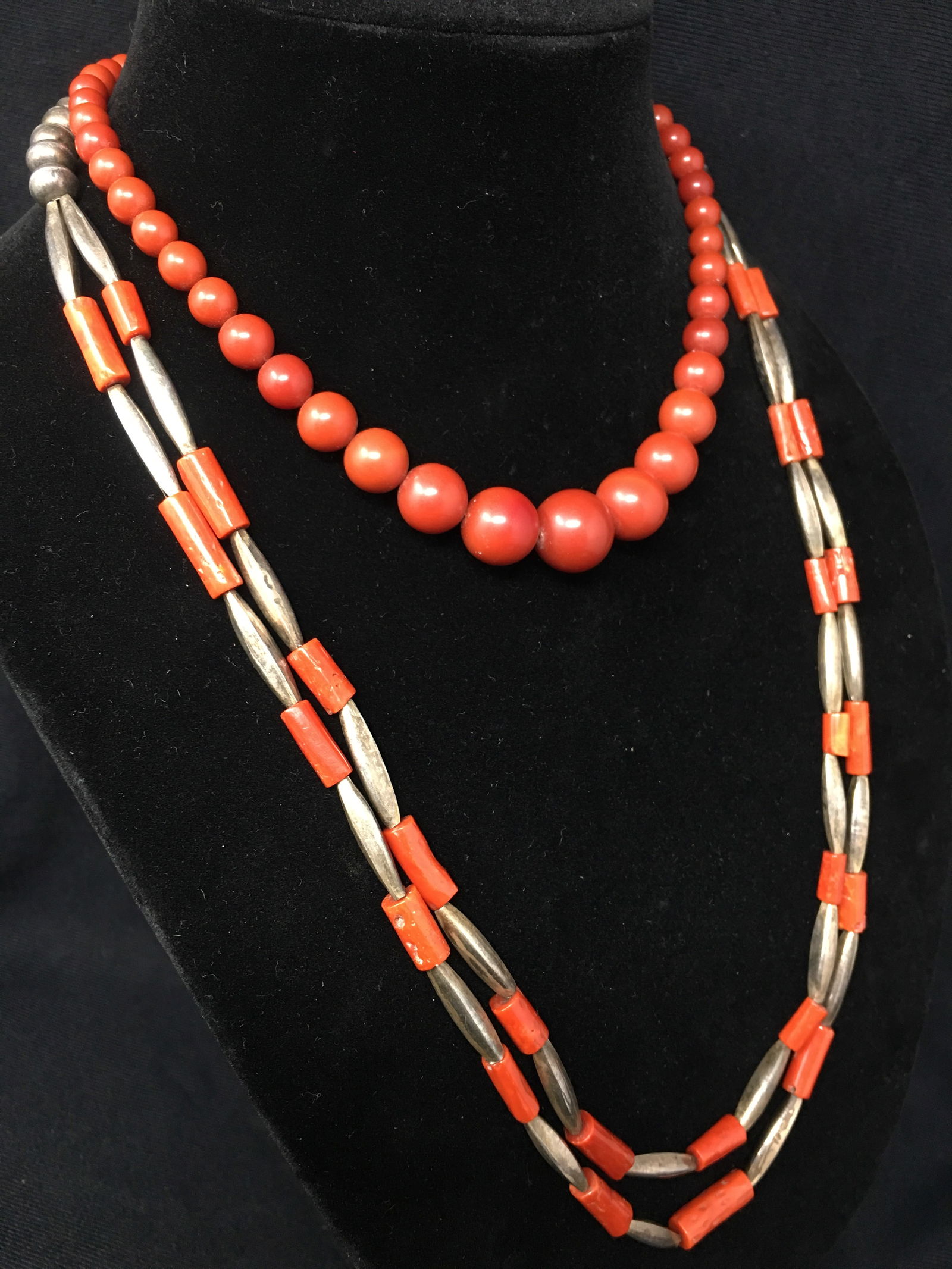 Coral Sterling and Graduated Bead Necklaces: Coral Sterling and Graduated Bead Necklaces 1.) Sterling and Coral double strand necklace, some lose to coral beads, overall length 25", hanging length 13", total weight 43.3 grams, unmarked 2.) gradu