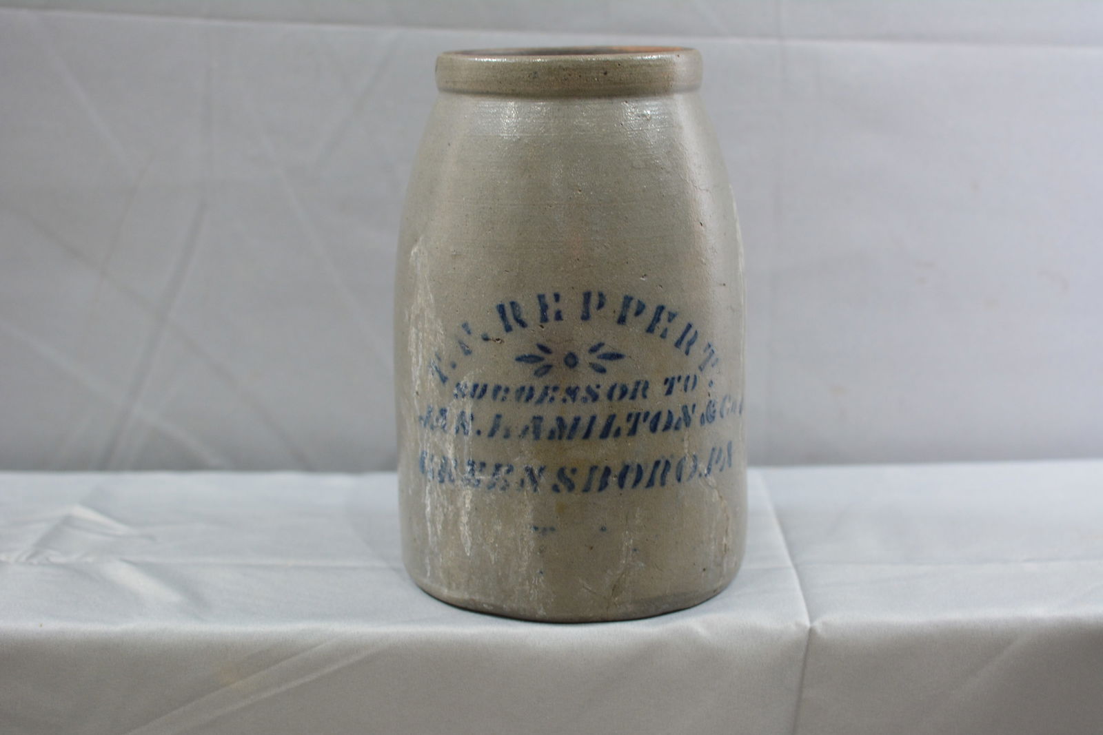 T F Reppert Stoneware Wax Sealer Blue Decorated: Wax sealer blue decorated stoneware jar - TF Reppert, Successor to Hamilton & Co., Greensboro, PA 7"W x 10"T