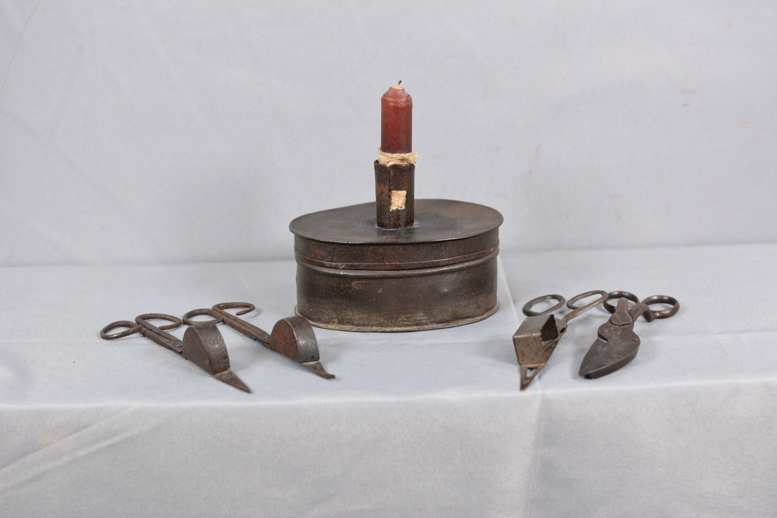 Early Oval Tin Tinder Box w/ Candle Holder & Wick Trimmers (1 of 5)