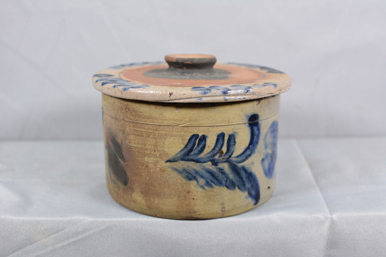 Small Blue Decorated Stoneware Cake Crock w/ Lid (1 of 7)