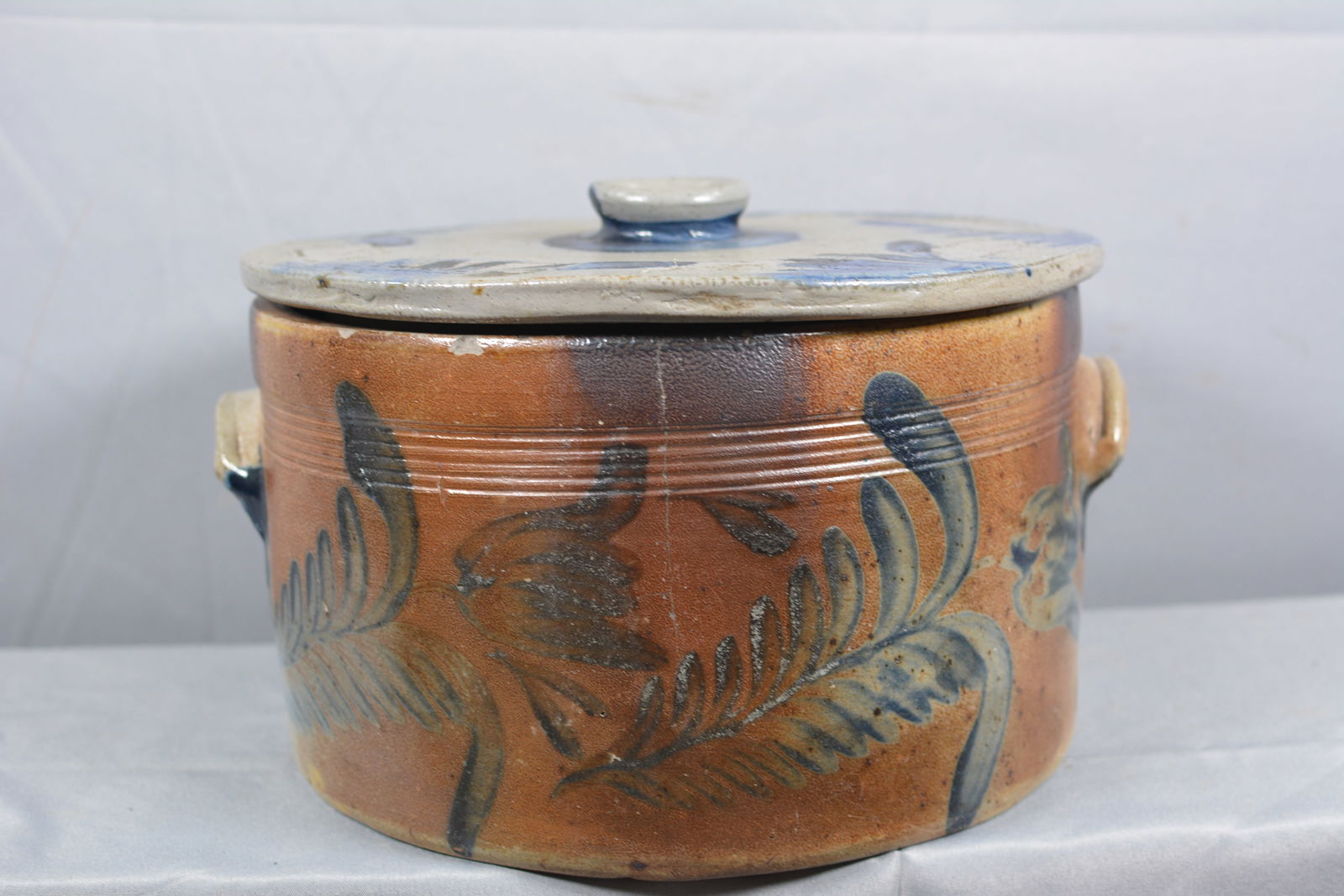 Large Blue Decorated Stoneware Cake Crock w/ Lid (1 of 9)