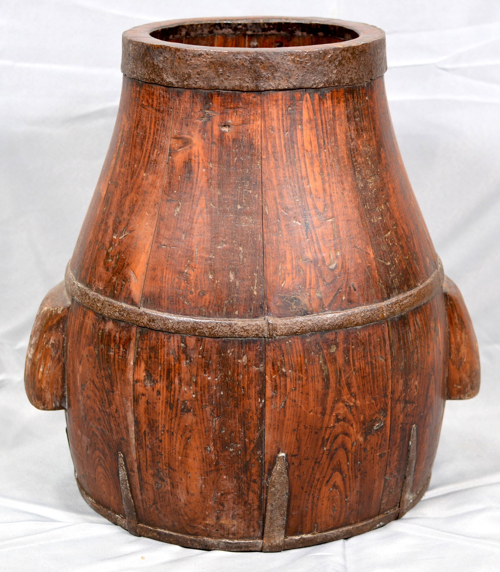 Wooden Metal Banded Vessel: Wood staved wooden vessel w/metal straps w/ two handles. 17"W x 18"T