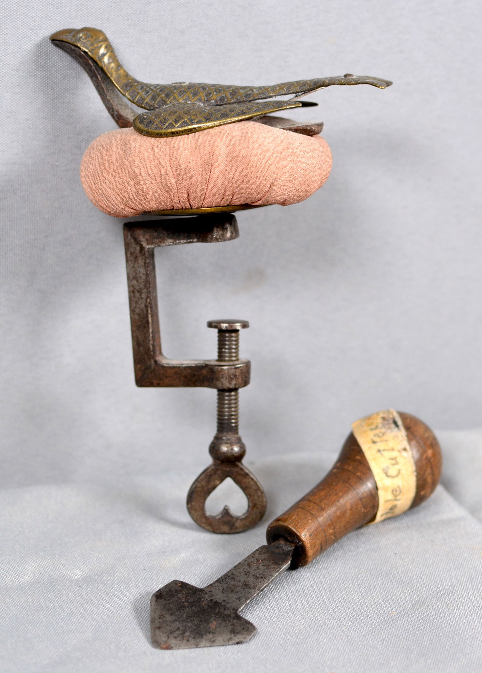 Signed Sewing Bird Nested on Pin Cushion & Button Holer (1 of 4)