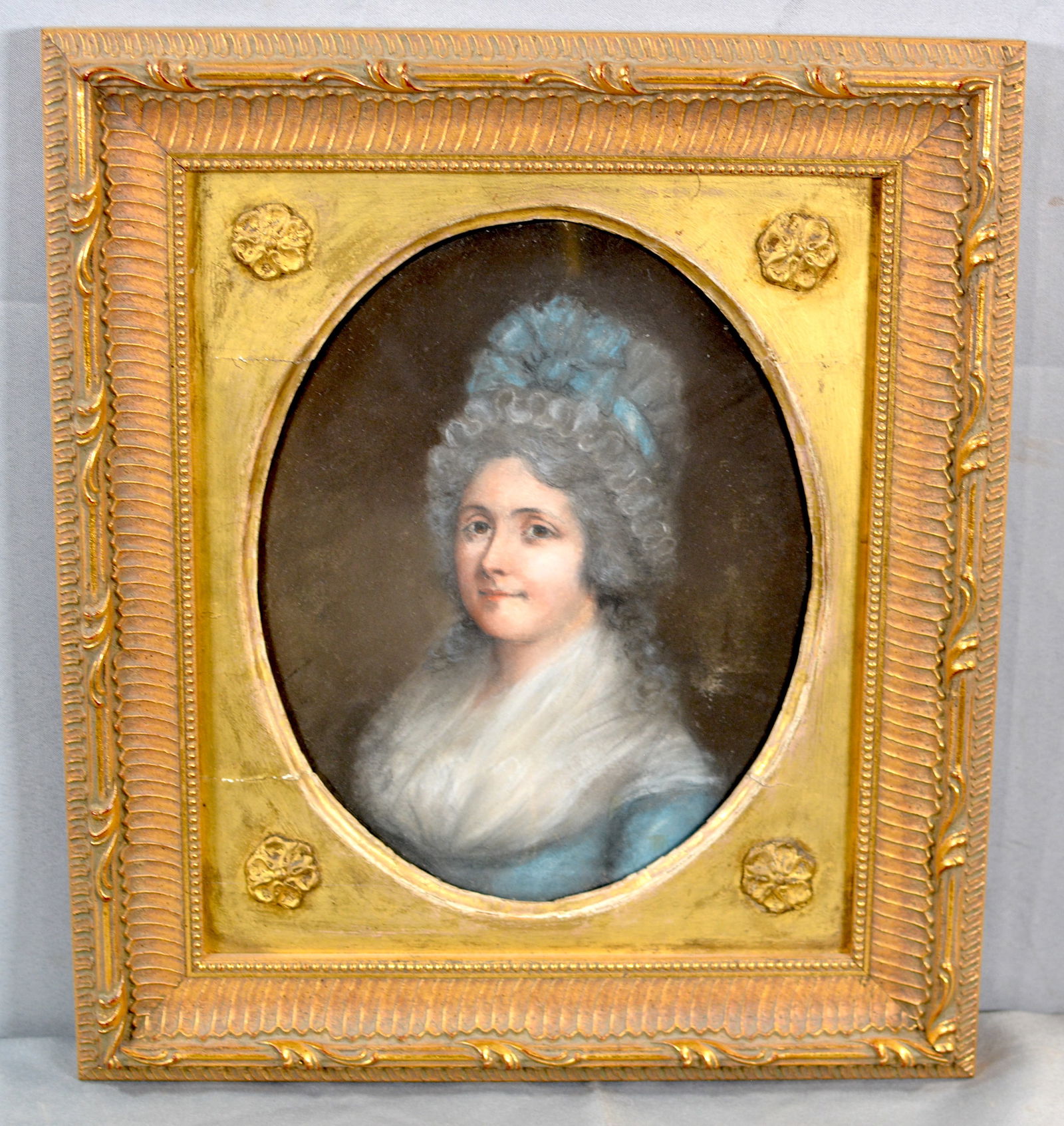 18th Century Pastel Portrait Of Lady: Pastel portrait of lady in blue dress & blue ribbon in hair. 13"W x 15"T From the collection of Doug & Sandy Davies.