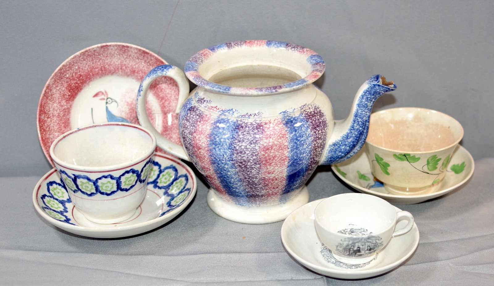 Group of Pea Fowl & Edward's Boston: Ewards Boston Gentleman's Cabin 1840 cup & saucer 1st Ocean Liner china on packet ships from Liverpool to Boston - In excellent condition. Pea fowl handleless cup & saucer, a pea fowl saucer, pastewar