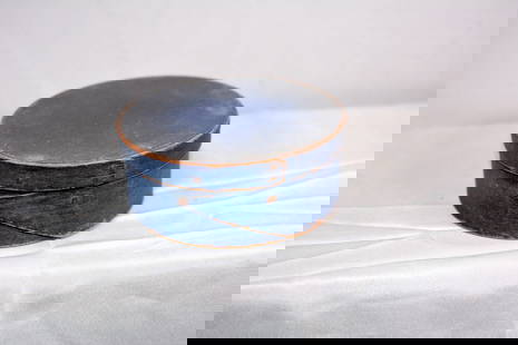 Signed New England Pantry Box in Old Blue Paint: 7" New England finger lap pantry box in old blue paint signed E. Burr. Nice dry