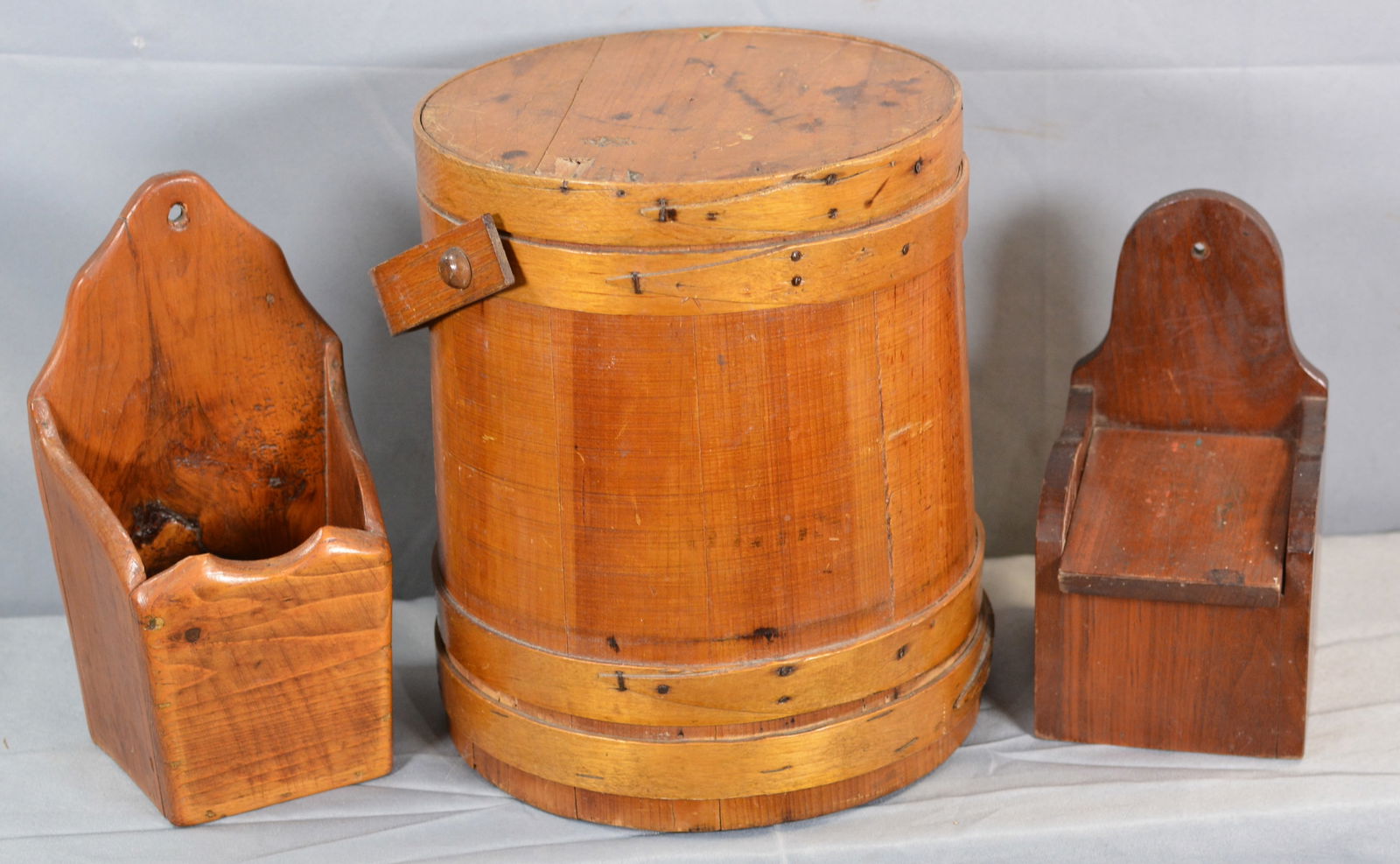 Natural Finish Firkin & Two Hanging Boxes: Natural finish firkin 11"W x 12"T & 2 hanging boxes 6"W x 10"T