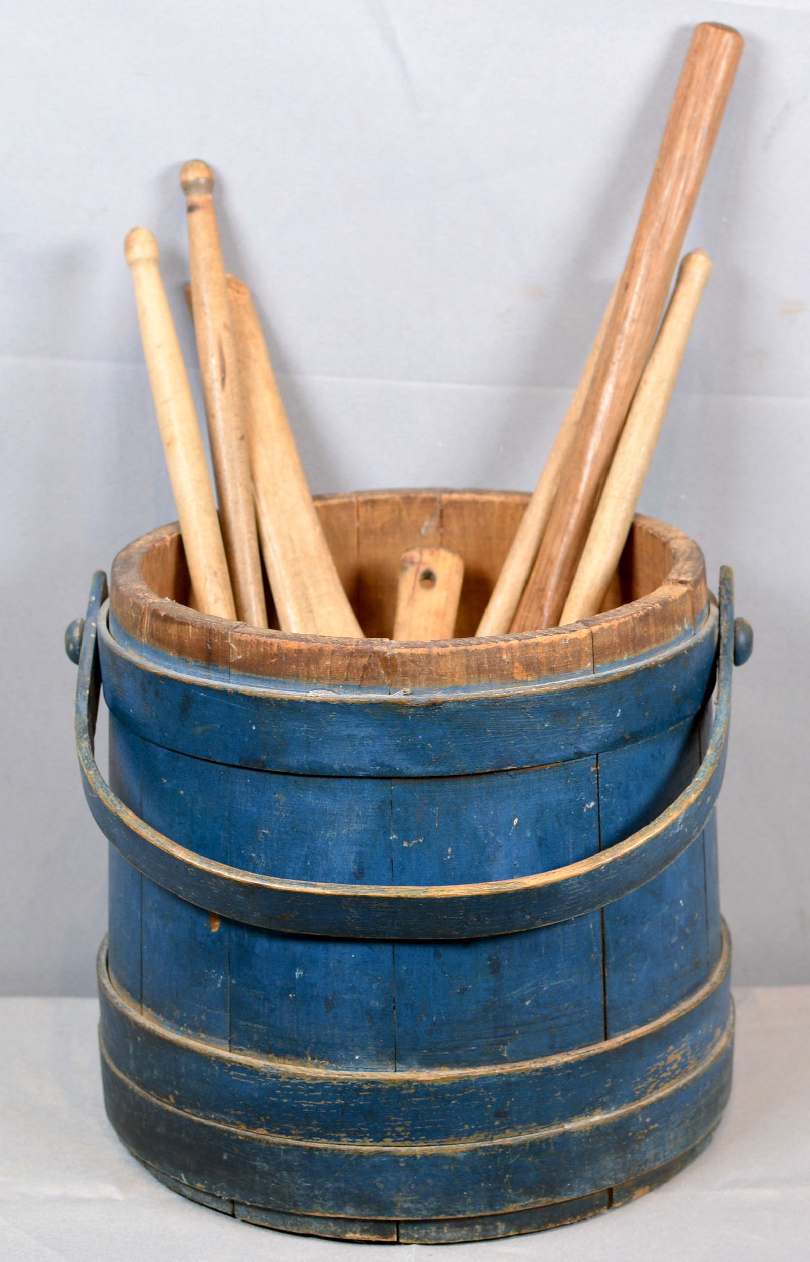 Blue Firkin (no lid) w/ Group of Early Wooden Spoons (1 of 4)