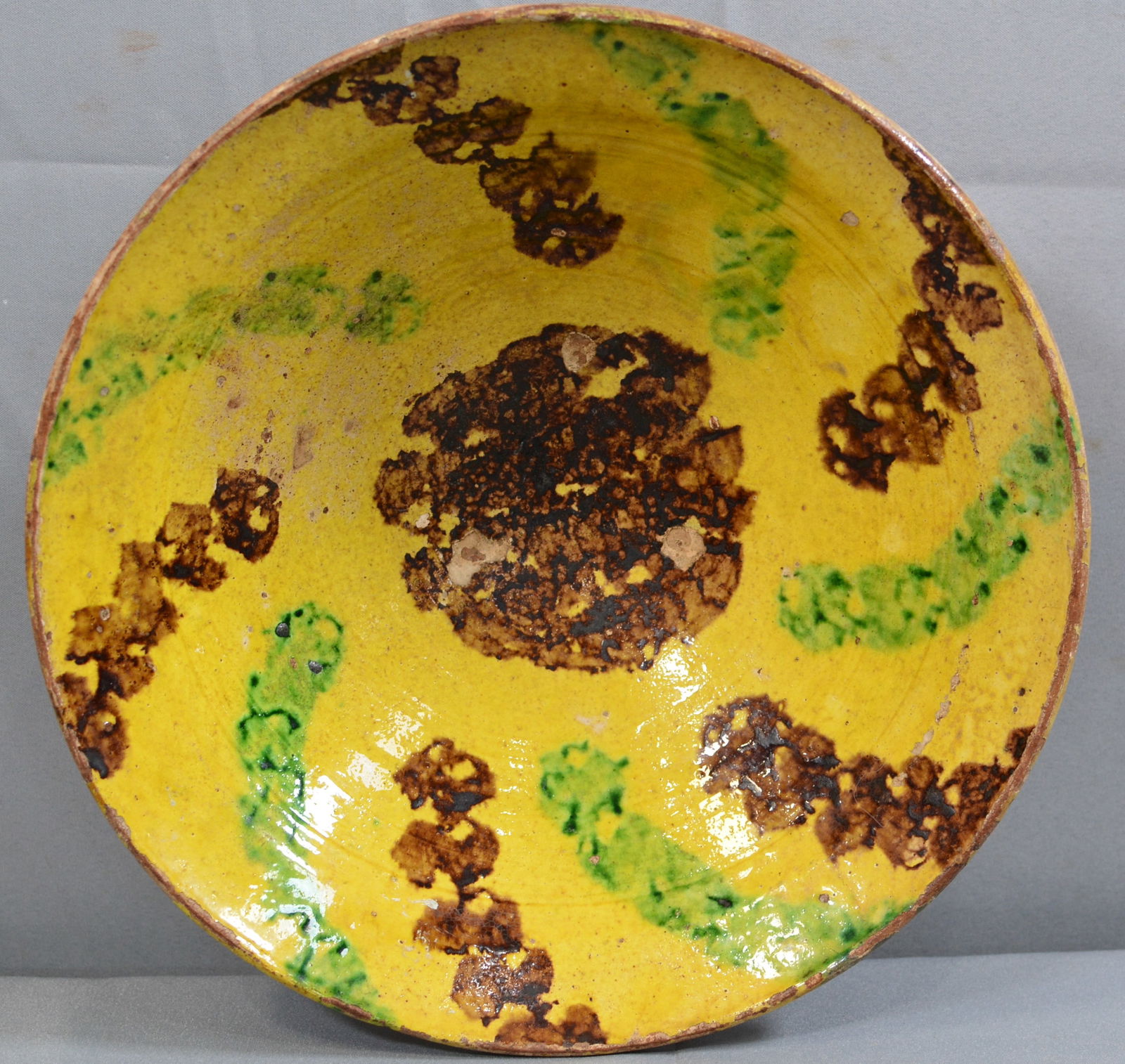 17th century earthenware bowl, with slip decorated egg and spinach pattern, 15"Dia x 5 "T (1 of 5)