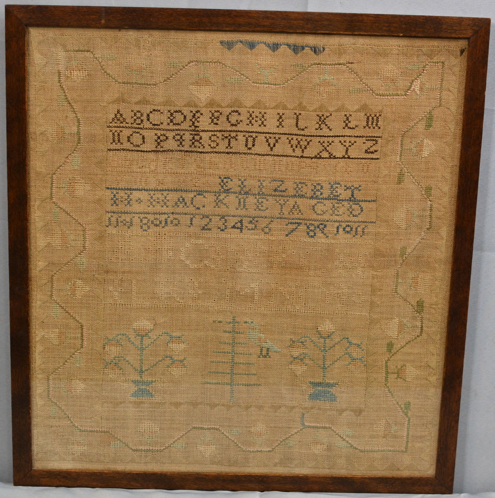 1801 American sampler done by Eliazbeth Ann Hackney, born in 1790, died 1846, framed, has (1 of 5)