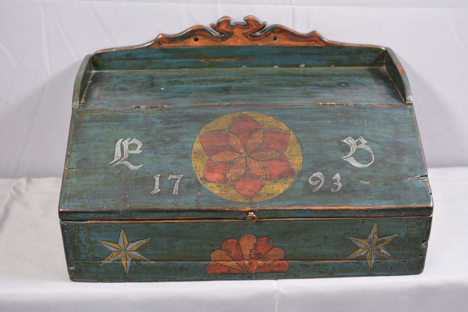 Paint decorated PA Dutch decorated box with a dowery, letters L and D with geometrical design, dated (1 of 8)