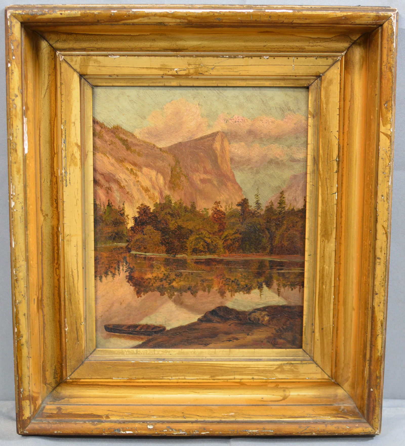 Early oil on tin landscape painting of lake with boat in nice early gilded frame 14.5" x 17" (1 of 5)