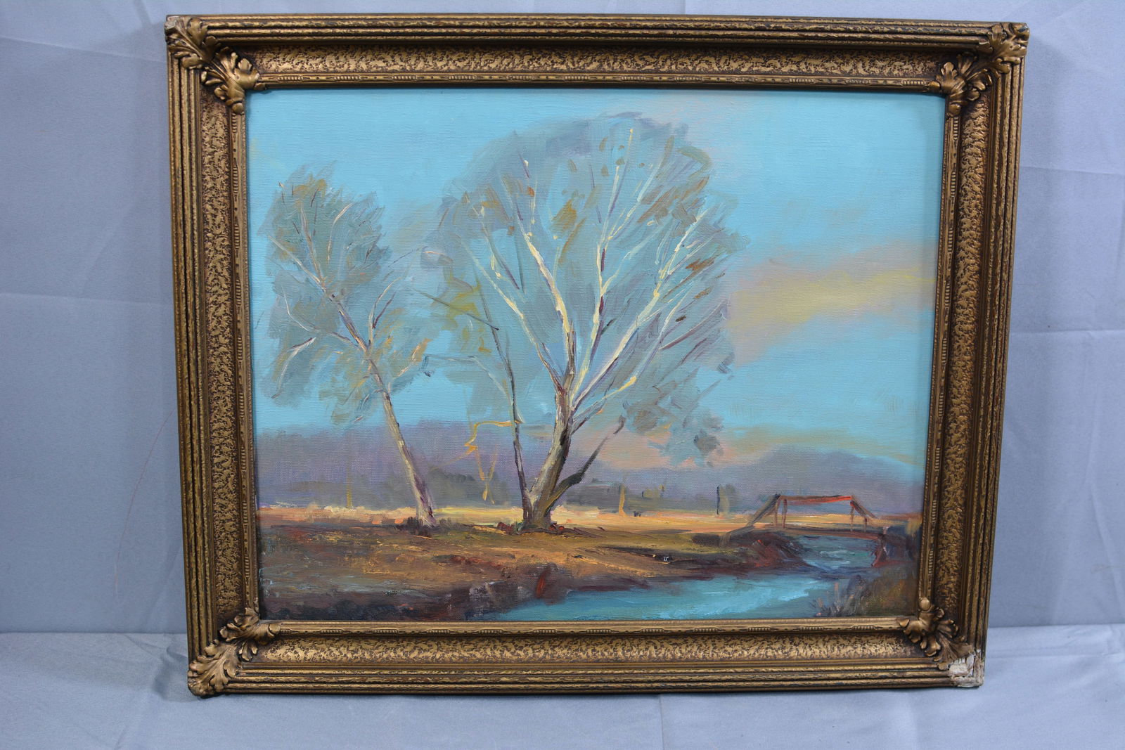 Indiana landscape painting with stream and bridge, gilded frame 24 x 20", earlier Judie Huth (1 of 6)