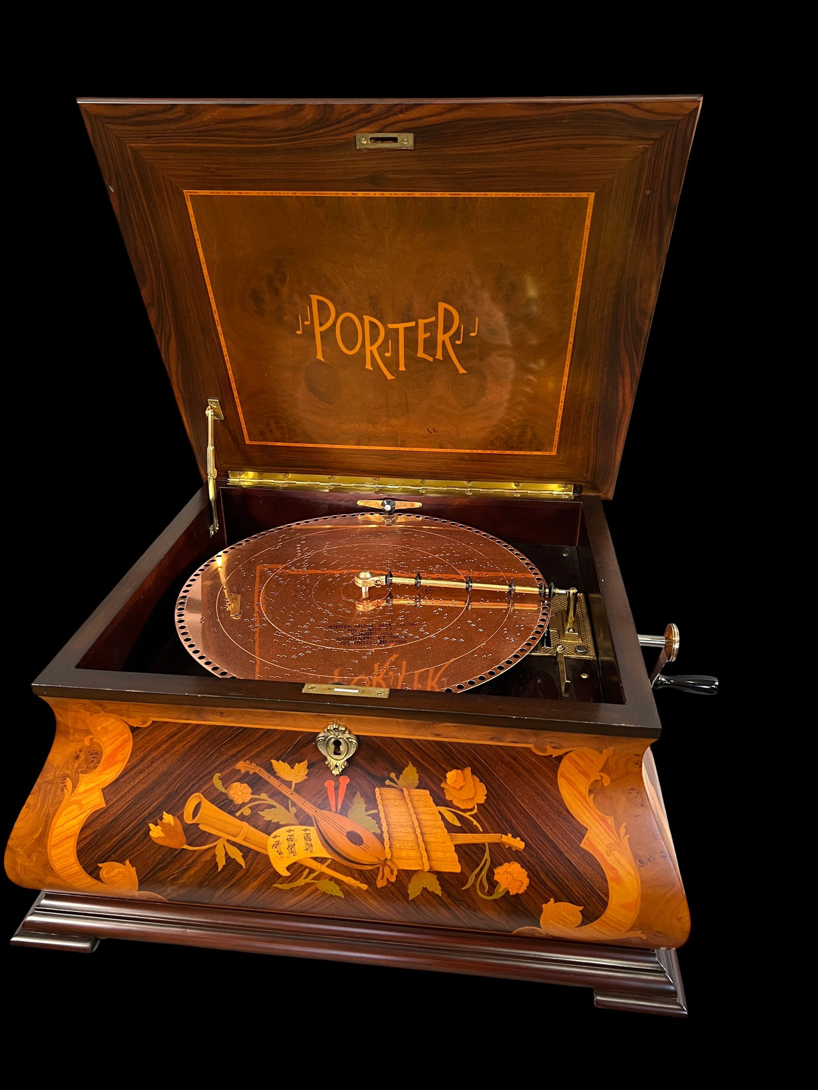 Porter Baroque music box, inlaid, veneer, plays 15.5 inch metal discs, 14 discs, has amazing sound, (1 of 5)