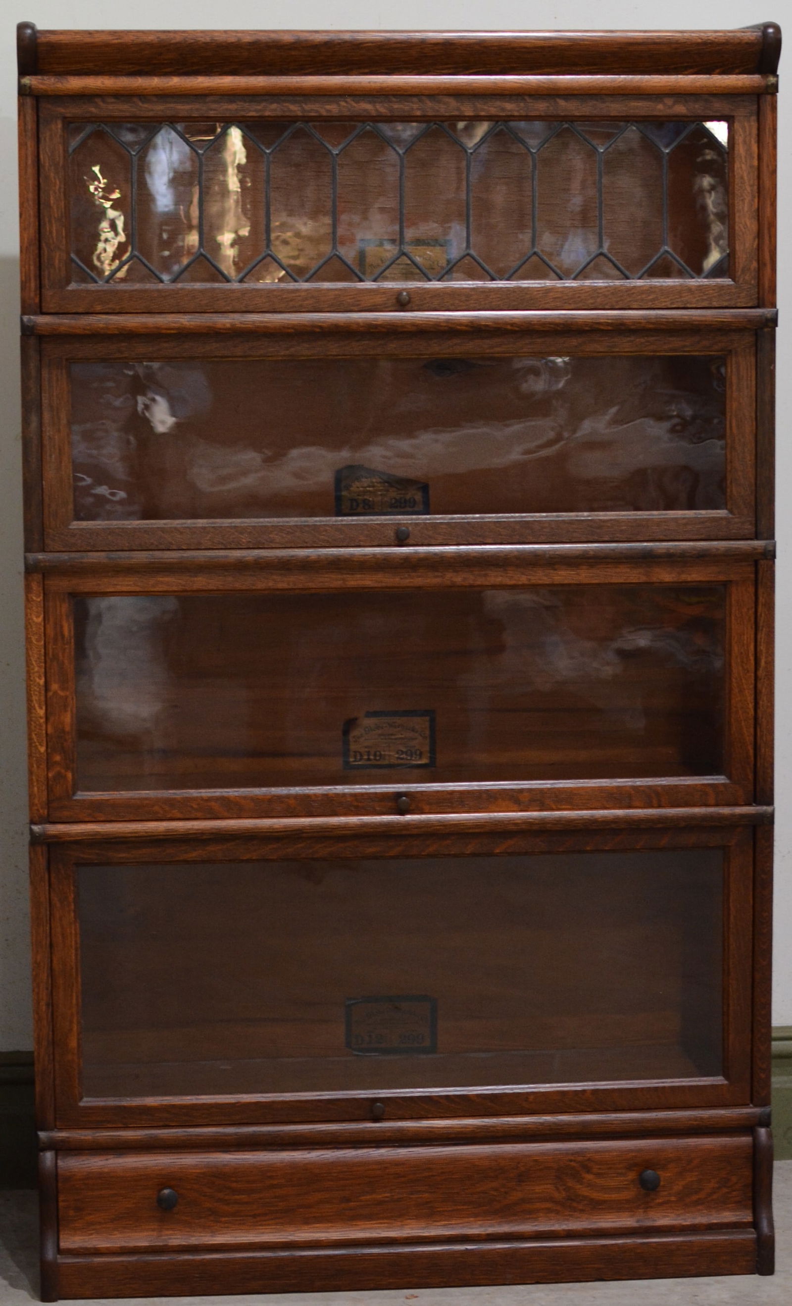 4 stack with lower drawer bookcase, leaded glass top section, grade 299, two top sections 8 inch, (1 of 7)