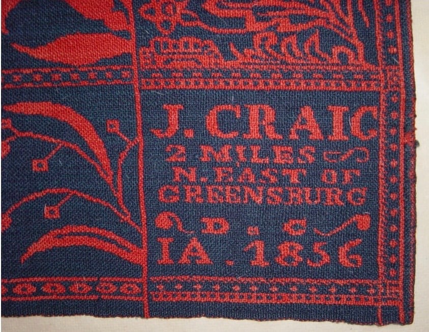 J. Craig Greensburg 1856 ; indigo and madder dyed wool, "J. Craig;2 miles/N. East/: J. Craig Greensburg 1856 ; indigo and madder dyed wool, "J. Craig;2 miles/N. East/ Greensburg/IA/1856" Decatur Co. Indiana left panel only, 40"X92"