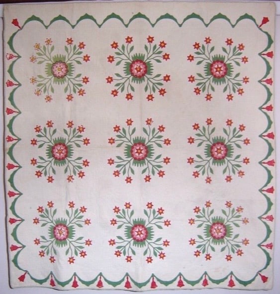Wig Rose Variation Quilt in green and red, Northern Indiana quilt ca 1860, 82"X77" (1 of 2)