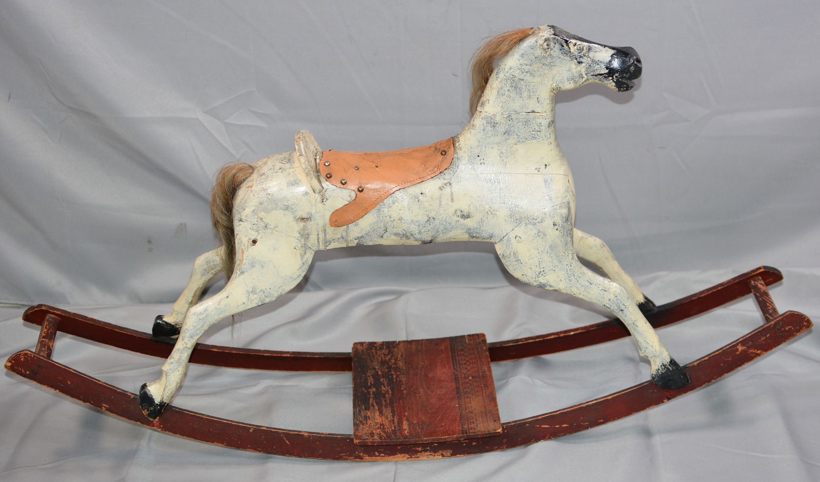 Folk art rocking horse, white, leather saddle. 38"X22"X12" (1 of 7)