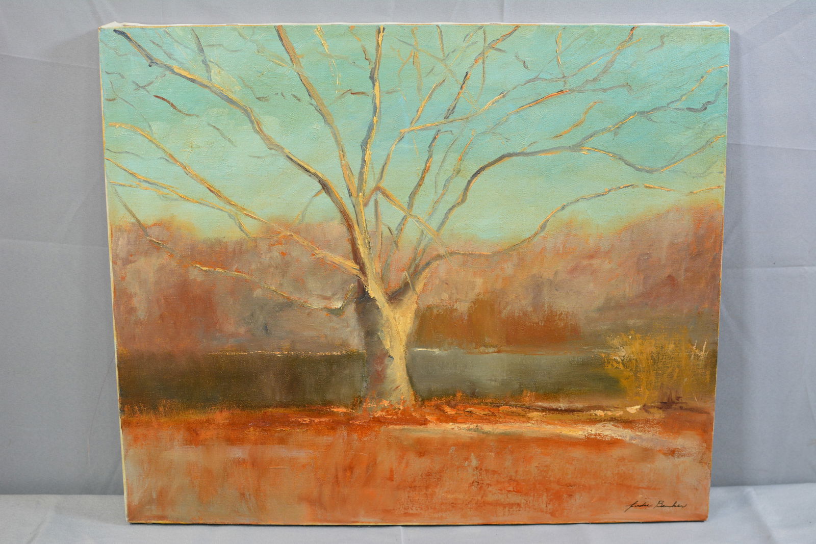 Indiana landscape oil on canvas painting by Judie Benker, painted in West Point, IN early 70's, 24: Indiana landscape oil on canvas painting by Judie Benker, painted in West Point, IN early 70's, 24 x 20