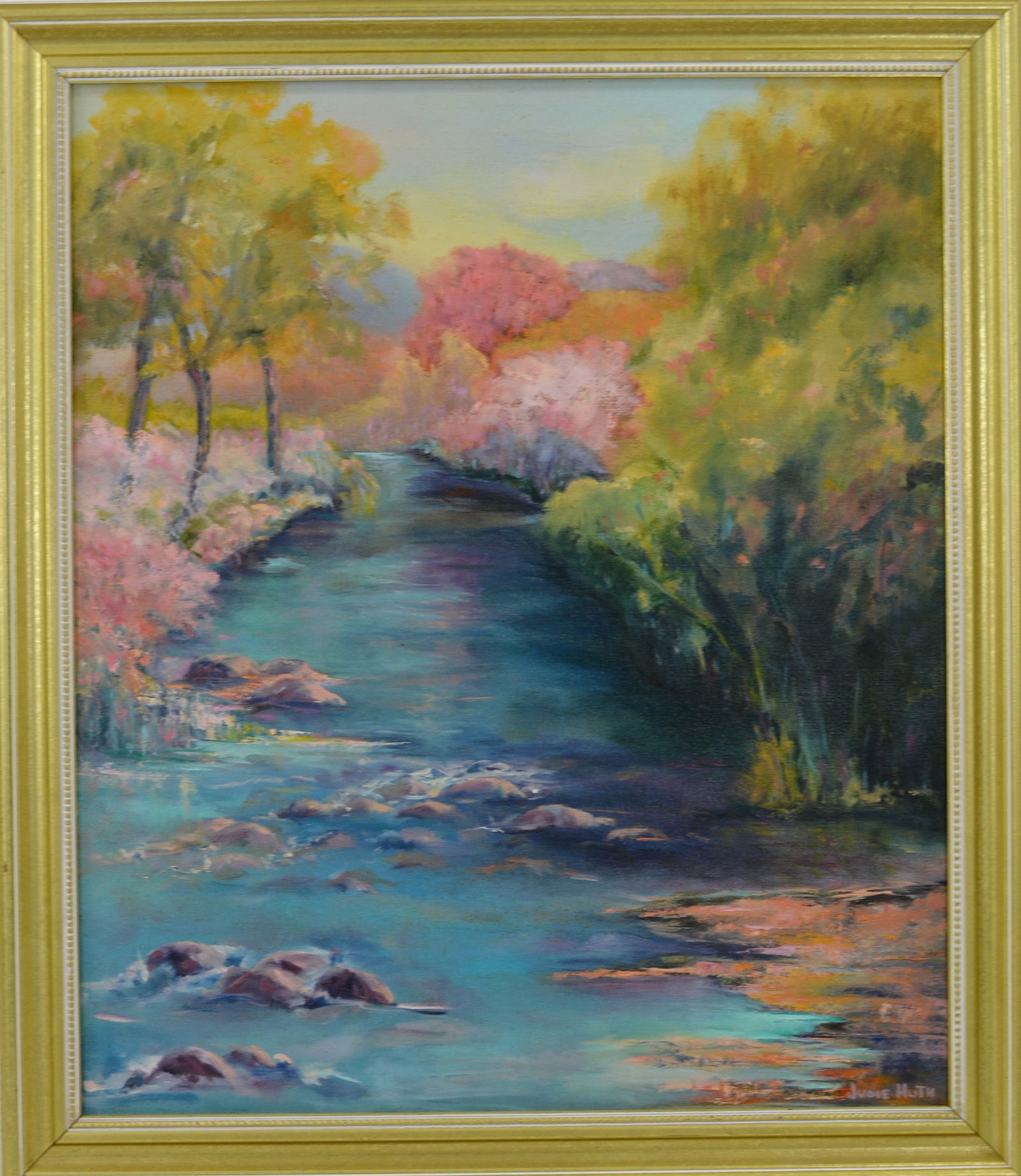 Pueblo River pastel impressionist on canvas, signed Judie Huth, 18"X28" (1 of 6)