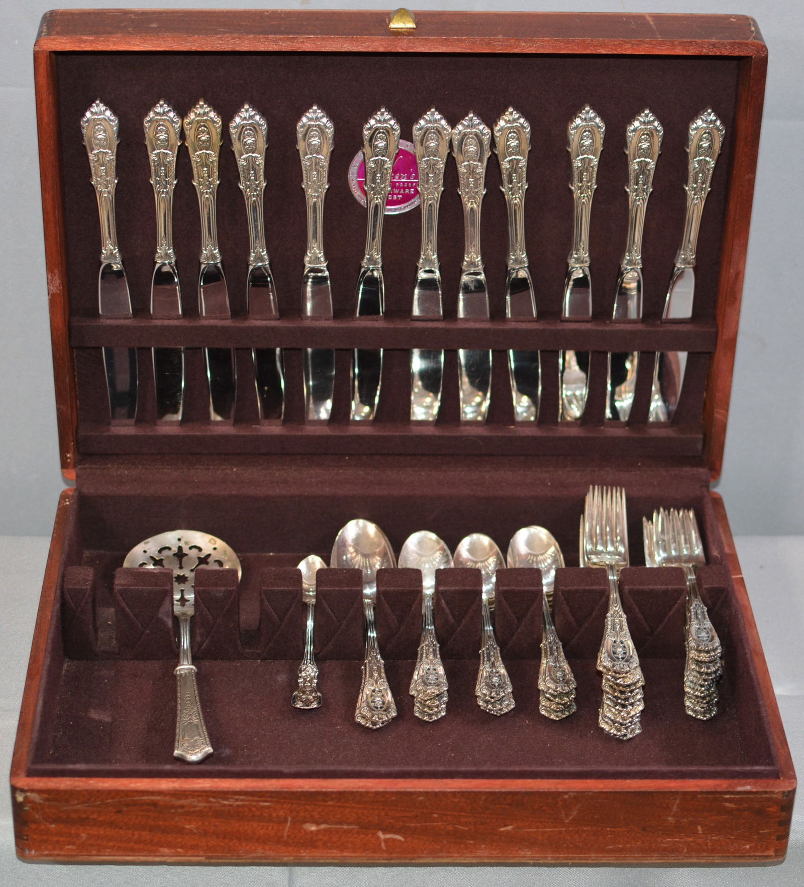 Wallace Rose Point Sterling flatware in velvet lined box, 11 knives, 12 salad forks, 12 dinner (1 of 3)