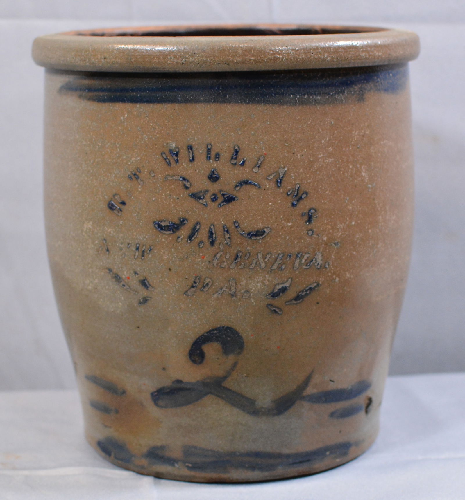 R. T. Williams blue decorated stoneware jar 2 gallon, New Geneva, PA, 8"X9" (1 of 7)