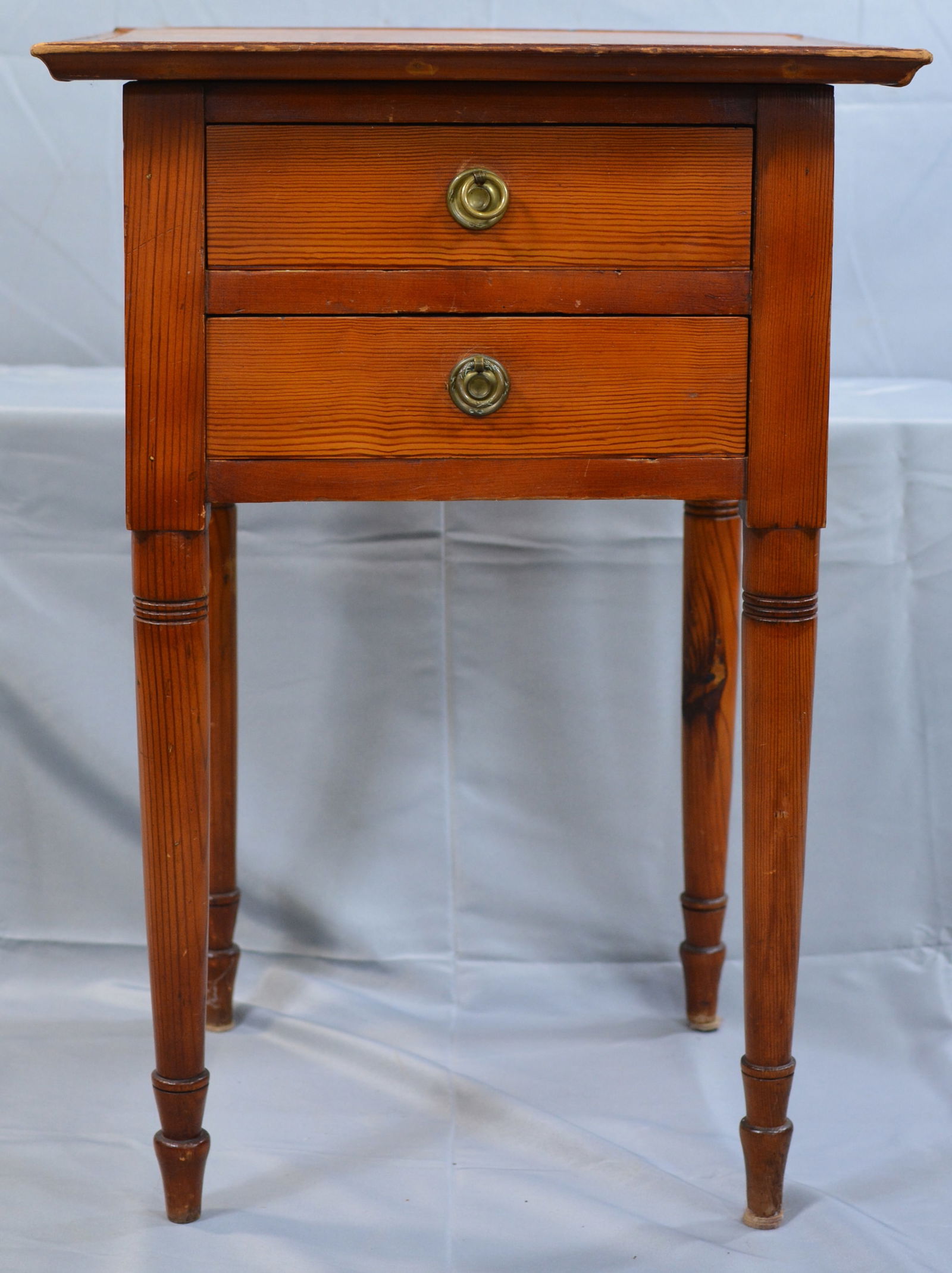 Sheridan 2 Drawer Stand in yellow pine, picture frame top, brass finger ring pulls, turned legs,: Sheridan 2 Drawer Stand in yellow pine, picture frame top, brass finger ring pulls, turned legs, dovetailed drawers, 21"x20"x30"