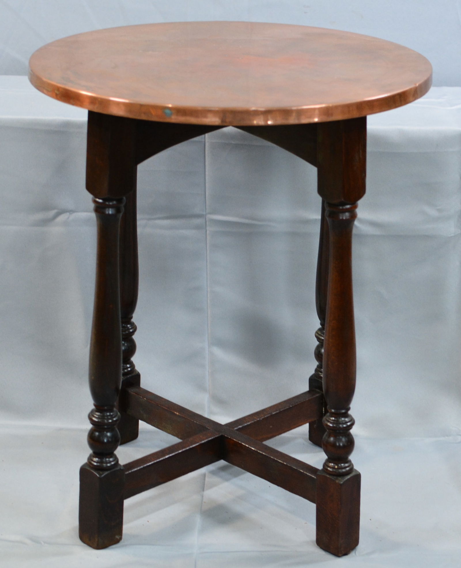 1930's Round Copper Top Tavern Table, stretcher base, turned leg with block feet, 20"x20"x24": 1930's Round Copper Top Tavern Table, stretcher base, turned leg with block feet, 20"x20"x24"