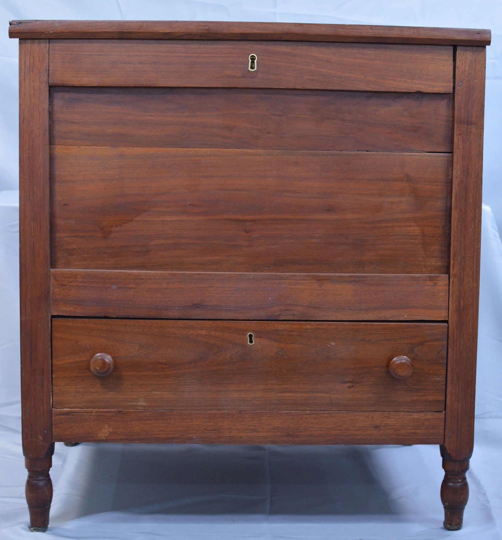 19th Century Walnut Sugar Chest, divided bins, dovetailed drawer, brass lock fixtures, refinished,: 19th Century Walnut Sugar Chest, divided bins, dovetailed drawer, brass lock fixtures, refinished, 29"x20"x32"
