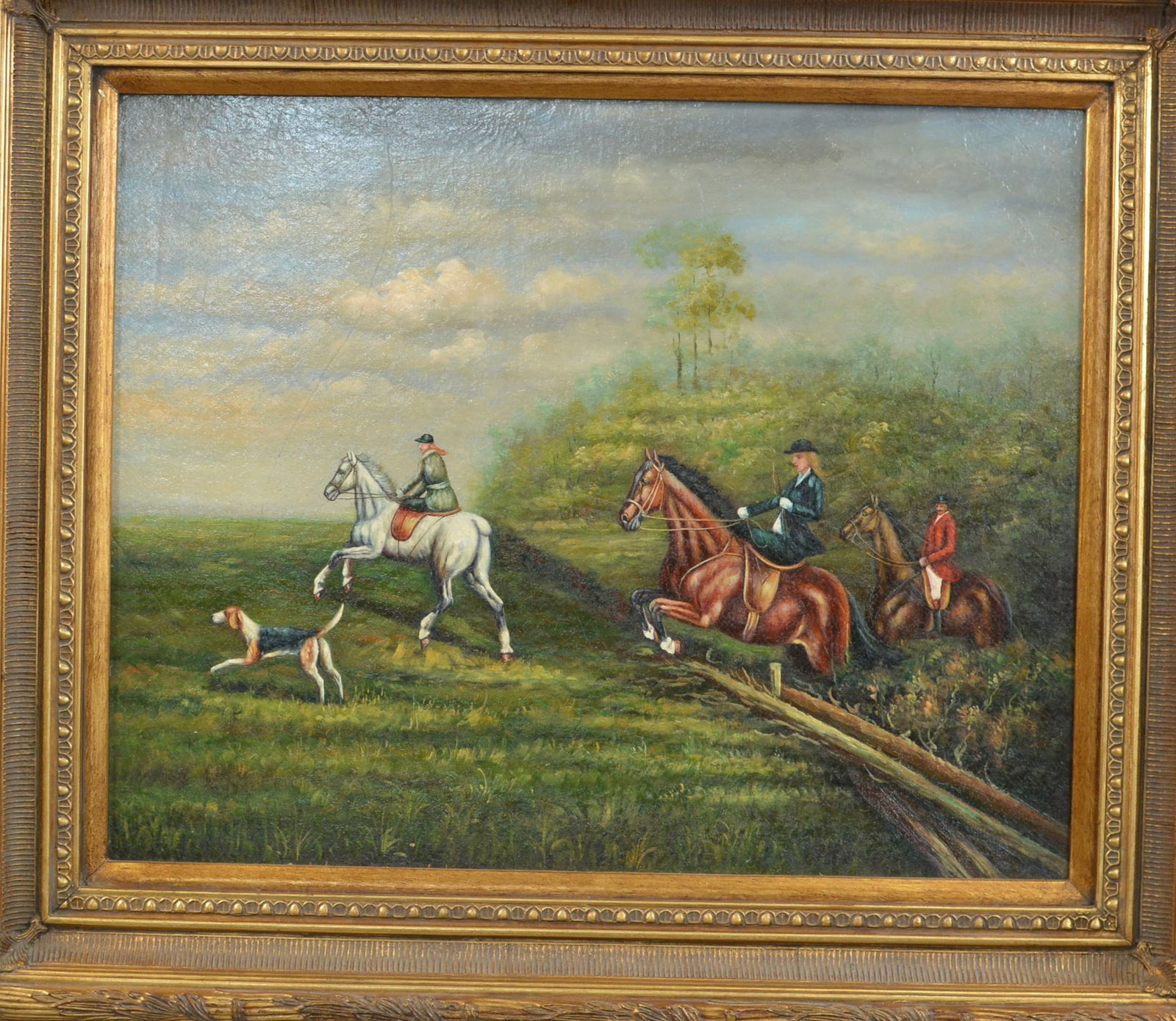 Oil on Canvas Fox Hunt scene, with lady riders and hound leading the way, unsigned in guiled frame, (1 of 9)