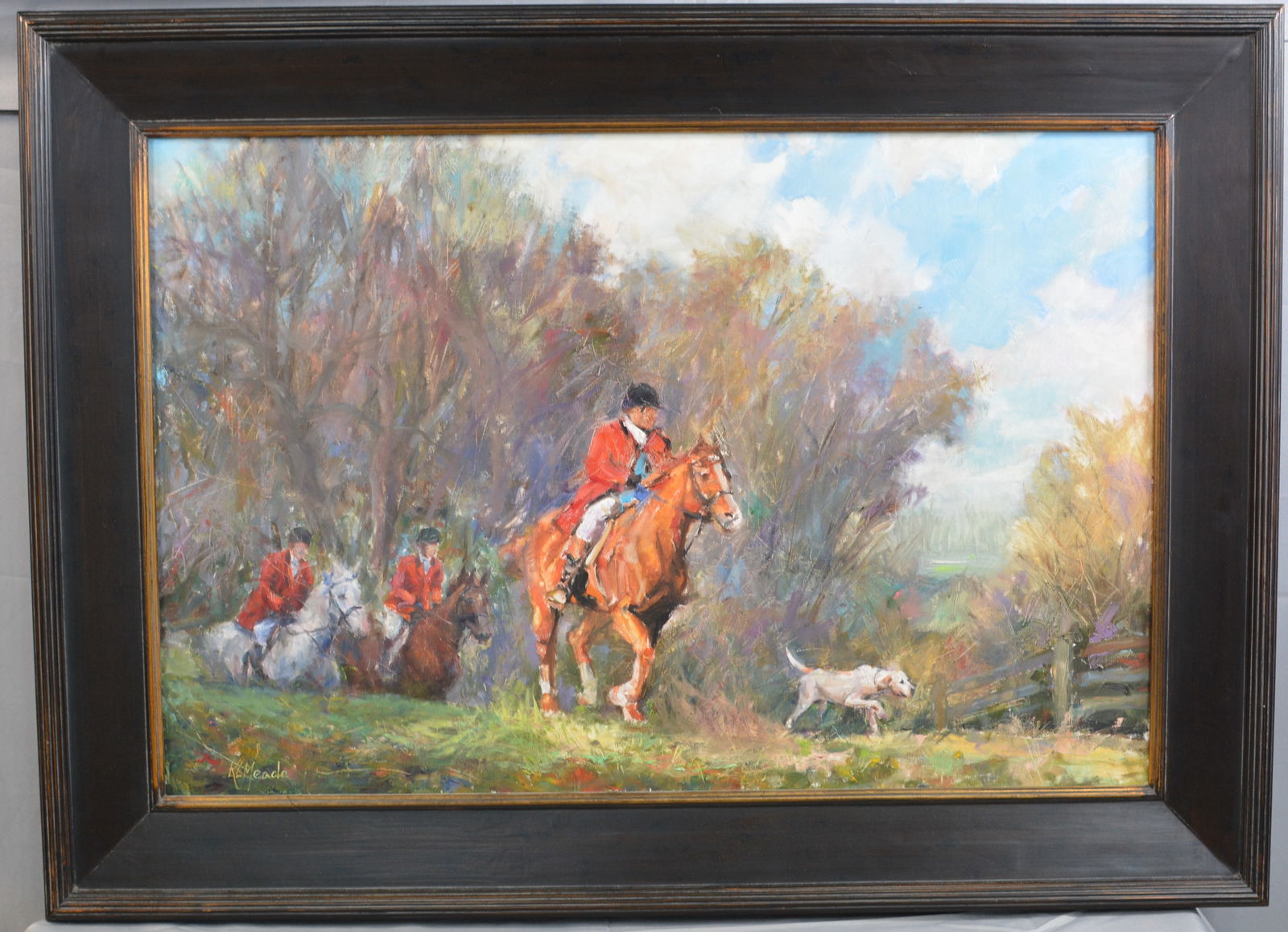Oil on Canvas Fox Hunt scene, with3 gentleman riders and hound leading the way, unsigned in guiled (1 of 6)