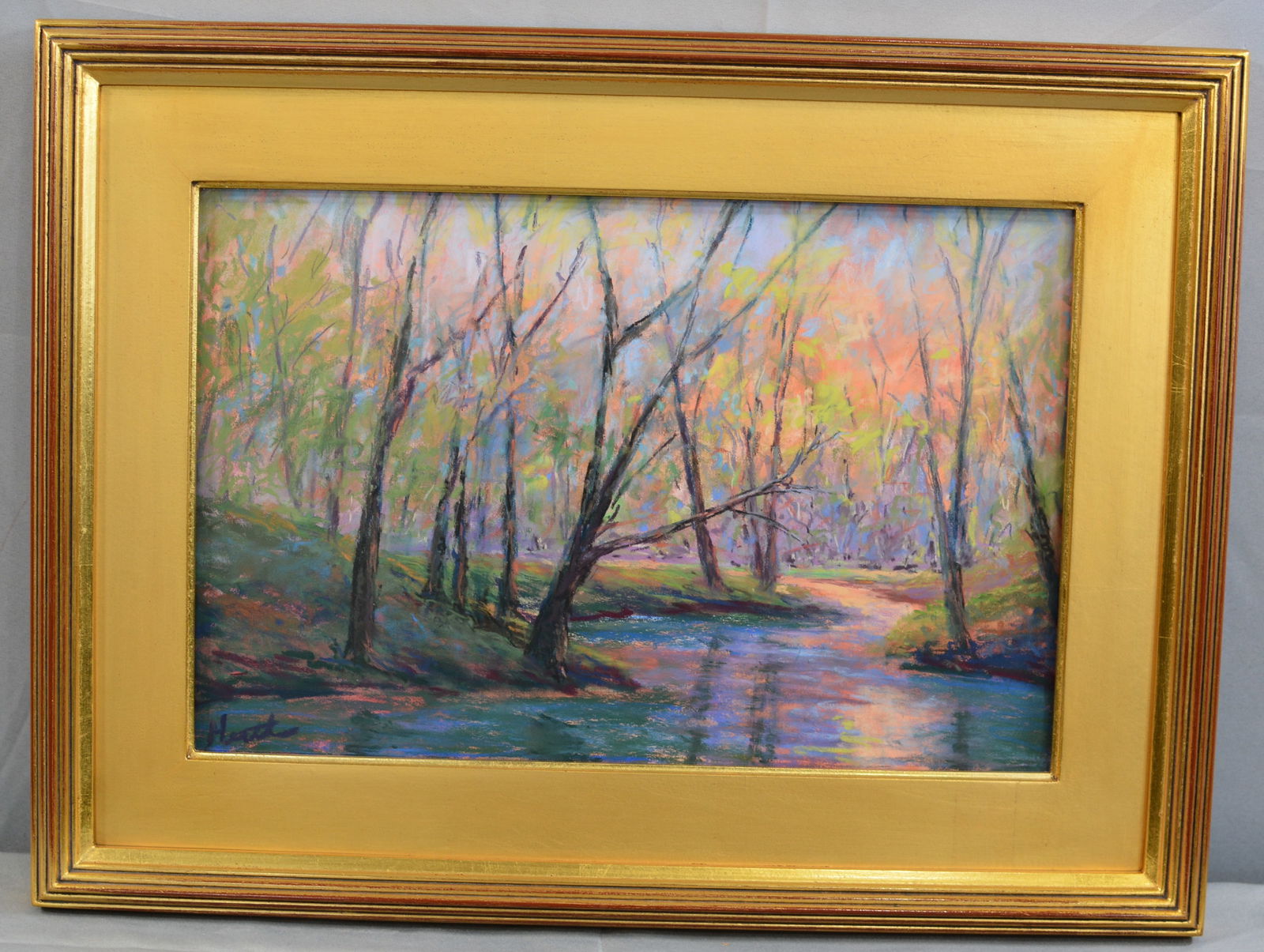 Pastel Landscape Painting by Judie Huth Reynolds, impressionist style in vivid color, "Rush Creek": Pastel Landscape Painting by Judie Huth Reynolds, impressionist style in vivid color, "Rush Creek" New Harmony State Park, IN signed by Huth lower right, professionally framed, 24"X18"