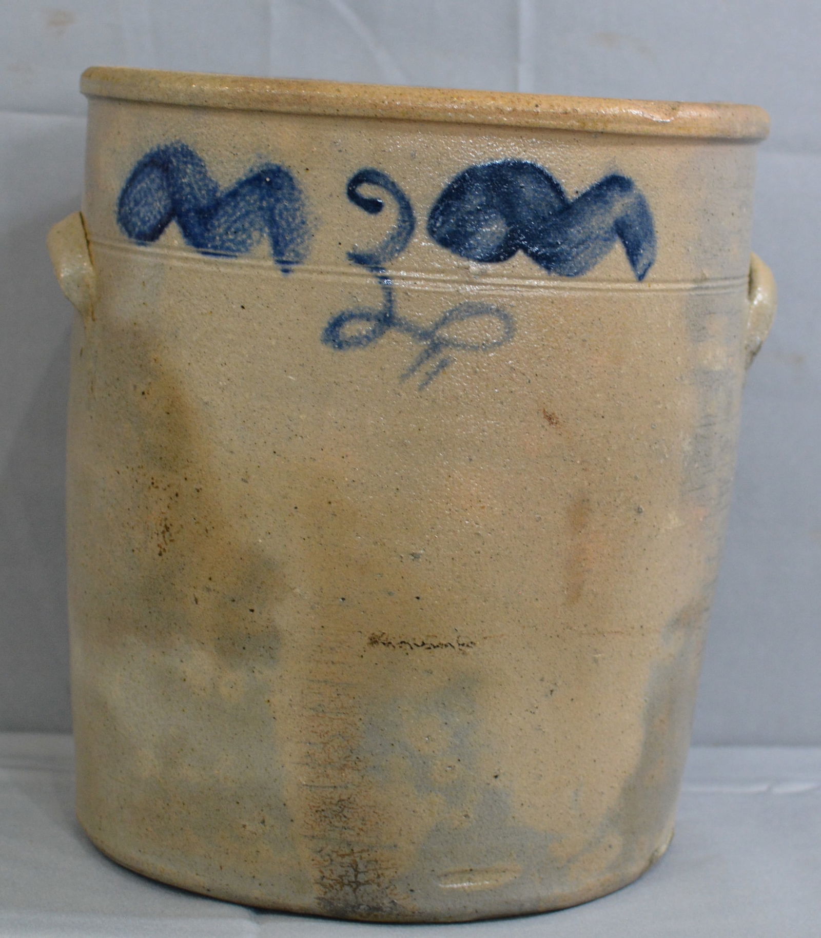 3 Gallon Blue Decorated Jar, double handles, blue decorated "3" and thumb print swish design, (1 of 7)